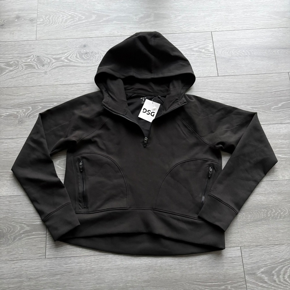 NWT DSG Womens Black Fleece Stretch 1/4 Zip Pullover Crop Sport Hoodie Size S